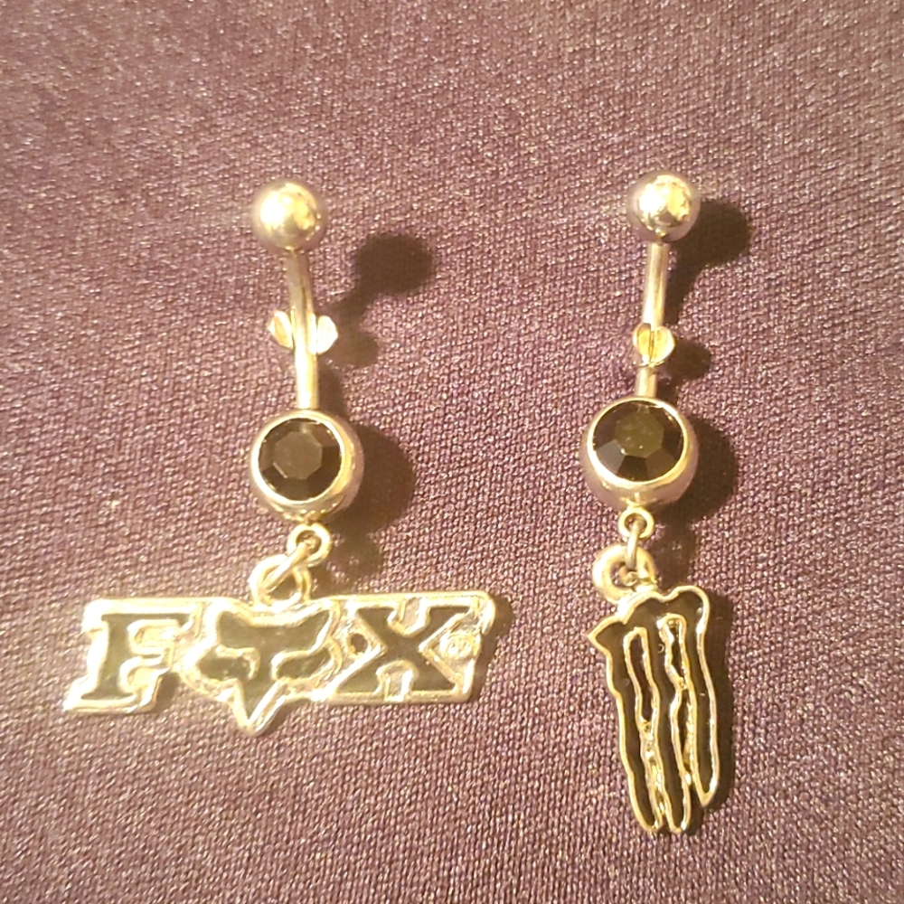Belly button ring 2 piece set jeweled fox, monster logo